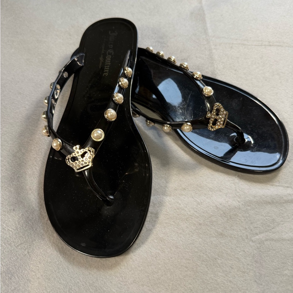 Y2K Juicy Couture Black Sandals with Pearl Accents